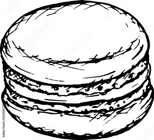 Hand drawn ink vector illustration of a macaron cookie with a creamy filling. Sketchy style French pastry clipart for bakery branding, confectionery packaging and cafe menu designs