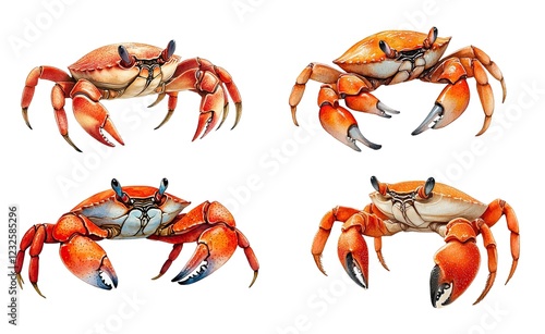 Set of realistic illustrations of crabs various poses and angles, showcasing their vibrant colors. Watercolor clipart, clip art, isolated on white background.