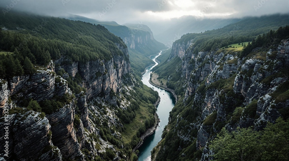 Obraz premium river canyon landscape with moody scenery and aerial view