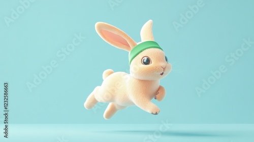 Cute bunny hopping, pastel background, health, fitness photo