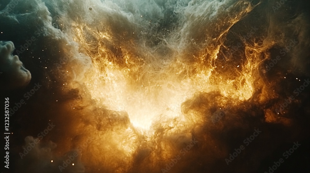 Fototapeta premium A fiery explosion fills the dark sky with an orange and yellow glow.