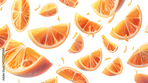 Falling juicy orange slices with vibrant colors, isolated on a white background.  photo