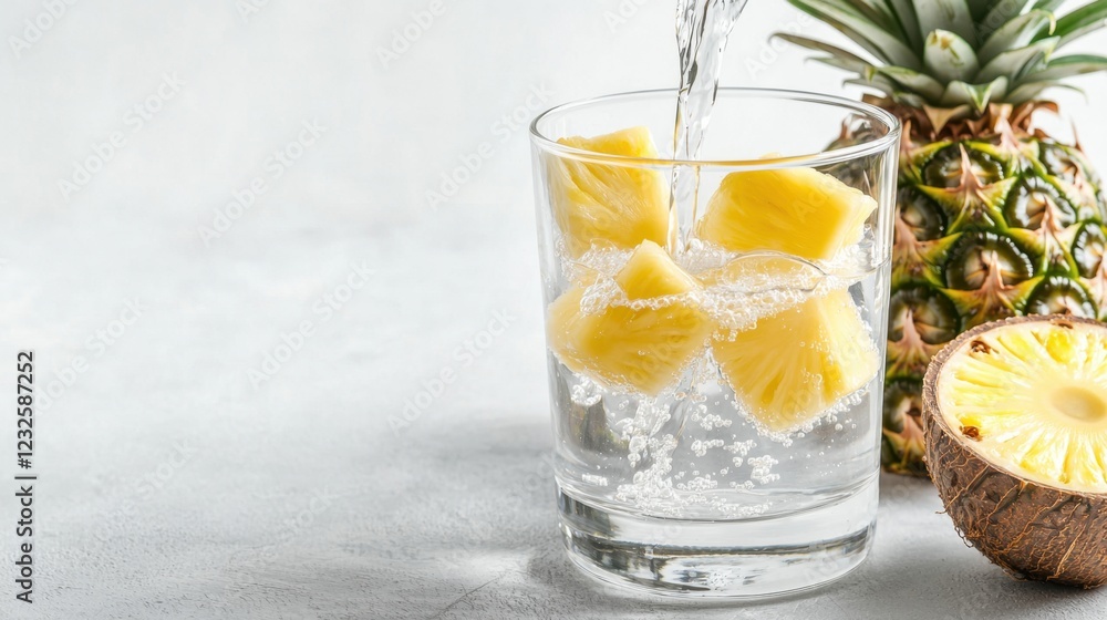 Refreshing Fruits for a Healthy Body. Refreshing drink with pineapple chunks and sparkling water beside a whole pineapple. Refreshing Fruits for a Healthy Body. Refreshing drink with pineapple chunks and sparkling water beside a whole pineapple.