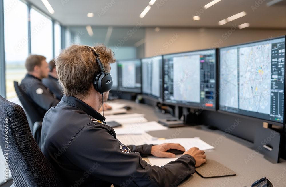 A high-angle shot of a modern air traffic control center with several controllers monitoring flights.
A high-angle shot of a modern air traffic control center with several controllers monitoring flights.