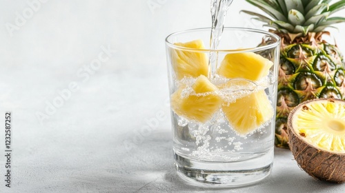 Refreshing Fruits for a Healthy Body. Refreshing drink with pineapple chunks and sparkling water beside a whole pineapple.