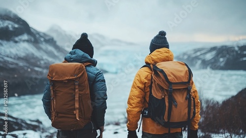 Two men with backpacks standing at a viewpoint. photo