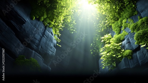 Sunlight streams through lush green foliage illuminating a dark stone chasm. AI Generated