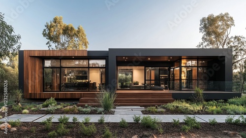 A modern house with a minimalist design and a focus on clean lines and natural materials.