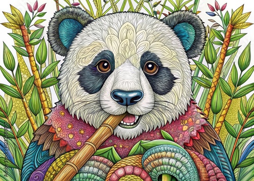 Printable panda bear bamboo design:  high-resolution line art for detailed coloring. photo