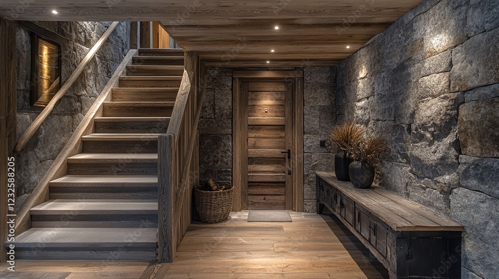 Obraz premium stairs leading to a rustic wooden door and stone wall.
