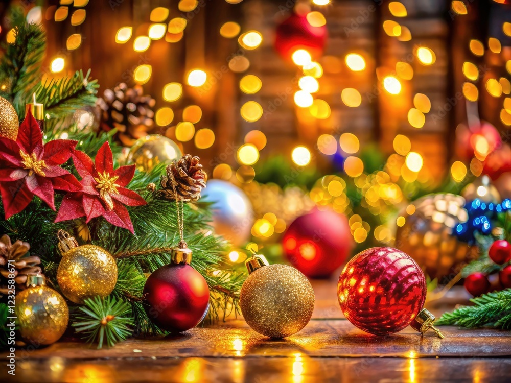 Red and green ornaments adorn the Christmas tree, creating a magical holiday background with twinkling lights. Red and green ornaments adorn the Christmas tree, creating a magical holiday background with twinkling lights.