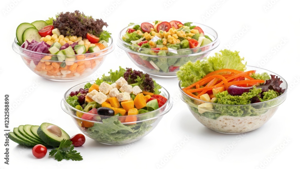 A Colorful Collection of Four Delicious and Healthy Vegetable Salads in Clear Glass Bowls A Colorful Collection of Four Delicious and Healthy Vegetable Salads in Clear Glass Bowls