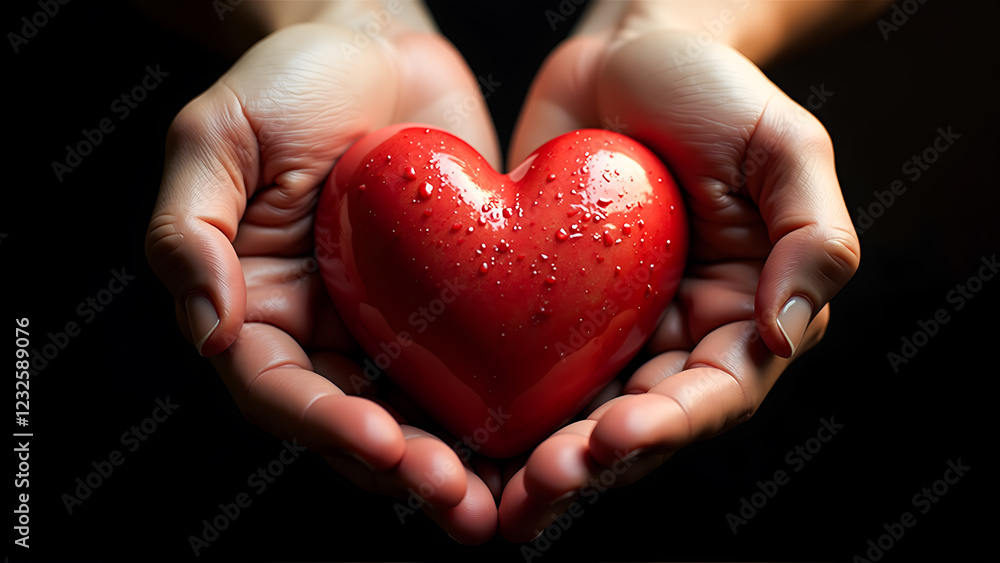 Obraz premium Hands Holding a Glossy Red Heart with Water Droplets