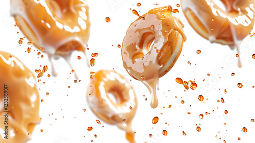 Falling glazed donuts with dripping icing, isolated on a white background photo