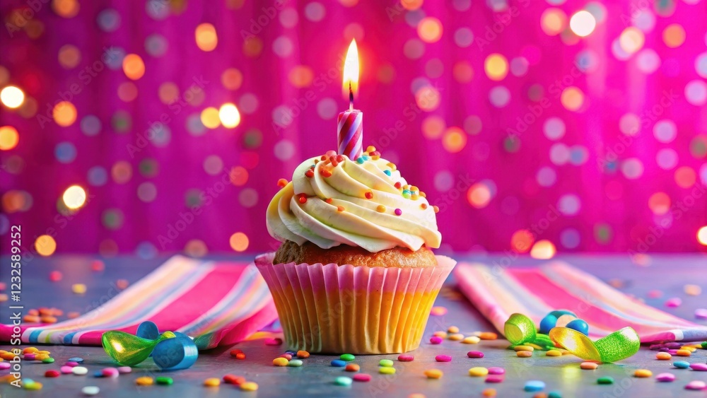 A beautifully decorated birthday cupcake placed on a bright pink tablecloth with colorful candles lit on top, surrounded by confetti and streamers, birthday cupcake, party decorations A beautifully decorated birthday cupcake placed on a bright pink tablecloth with colorful candles lit on top, surrounded by confetti and streamers, birthday cupcake, party decorations