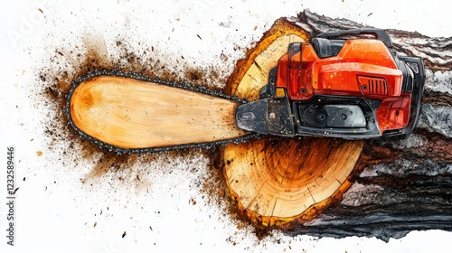 Chainsaw cutting through a log, showcasing wood texture and sawdust flying in the background photo