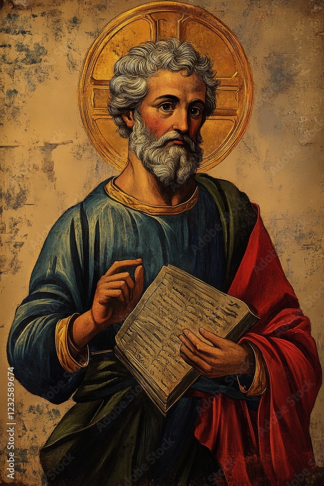 Naklejka premium Painting of an old saint with a golden halo