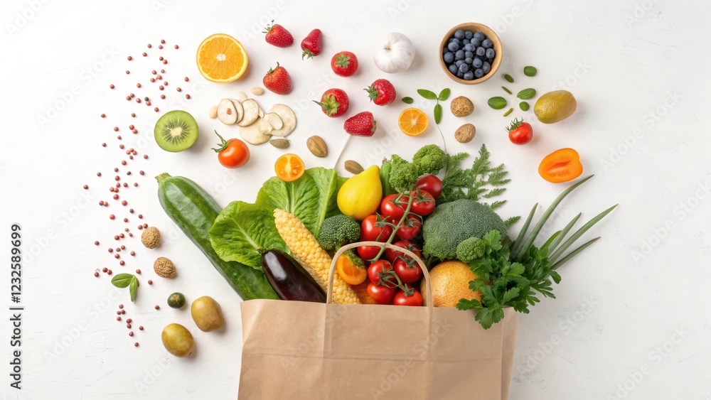 A vibrant paper bag overflowing with fresh, healthy produce, including various fruits and vegetables, ready for a nutritious meal. A vibrant paper bag overflowing with fresh, healthy produce, including various fruits and vegetables, ready for a nutritious meal.