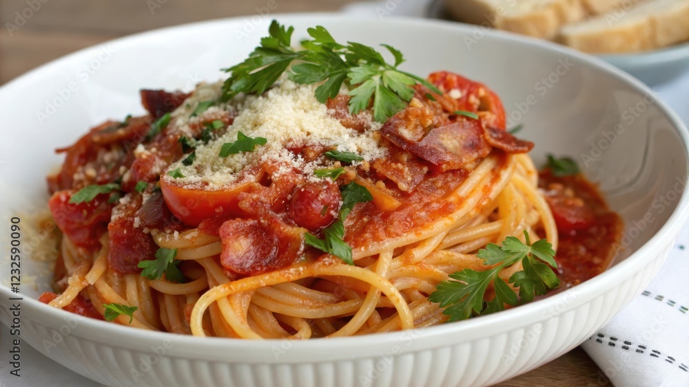 Aromatic Spaghetti with Burst Cherry Tomatoes, Crispy Bacon Bits, and a Generous Sprinkle of Parmesan Aromatic Spaghetti with Burst Cherry Tomatoes, Crispy Bacon Bits, and a Generous Sprinkle of Parmesan