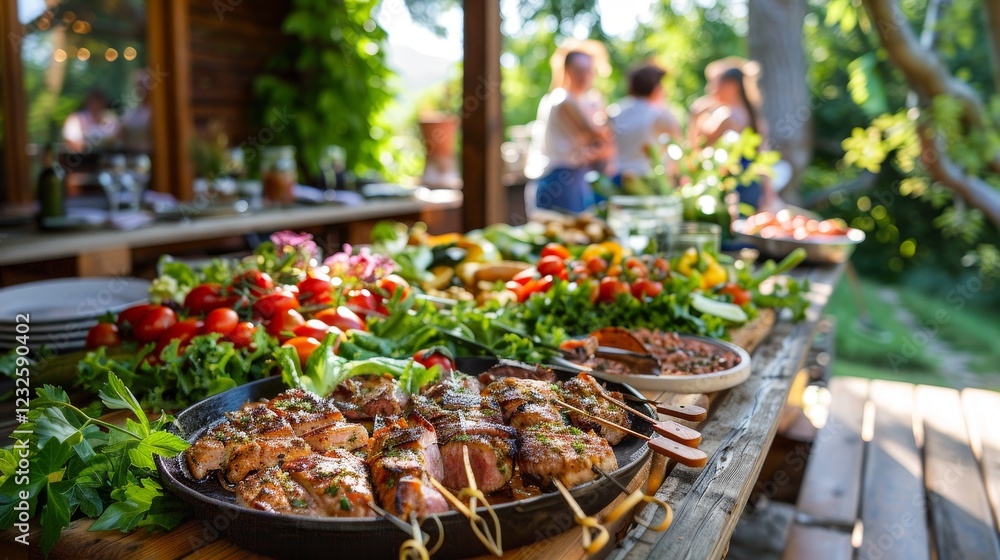 Fototapeta premium Outdoors Dinner Table with Gorgeous-Looking Barbecue Meat, Happy Joyful People Dancing to Music, Celebrating and Having Fun in the Background