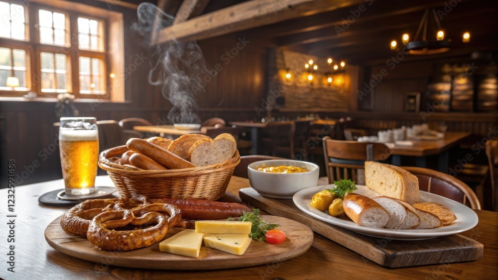 A rustic wooden table laden with pretzels, sausages, cheese, bread, mustard, and beer in a traditional tavern setting A rustic wooden table laden with pretzels, sausages, cheese, bread, mustard, and beer in a traditional tavern setting