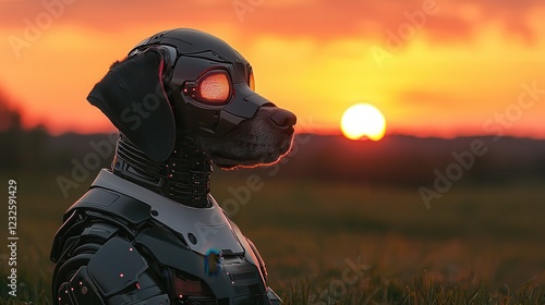 Pet AI brings technology and automation to animal care. Robotic dog silhouette against a sunset backdrop.