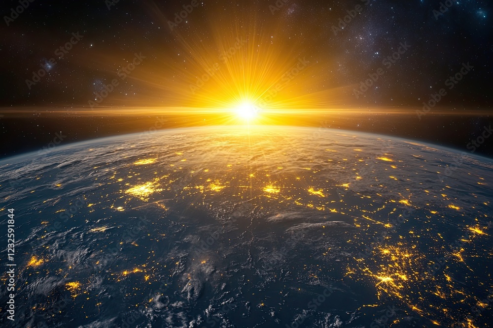 View of the Earth, Sunrise over planet Earth, view from space. light from cities. View of the Earth, Sunrise over planet Earth, view from space. light from cities.