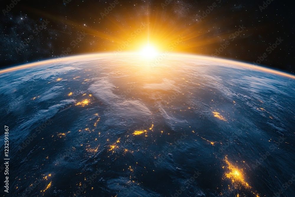 View of the Earth, Sunrise over planet Earth, view from space. light from cities. View of the Earth, Sunrise over planet Earth, view from space. light from cities.