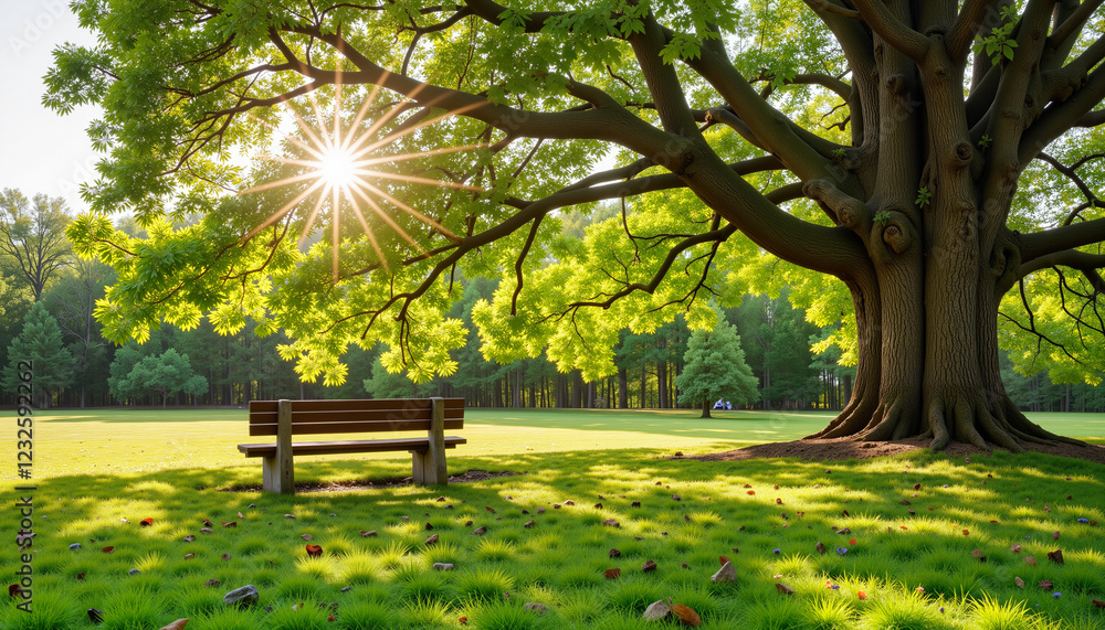 Scenic park bench under lush tree in bright sunlight, tranquility Scenic park bench under lush tree in bright sunlight, tranquility