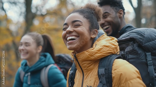 A group of friends smiling and laughing while enjoying an energetic outdoor activity like hiking or running. photo