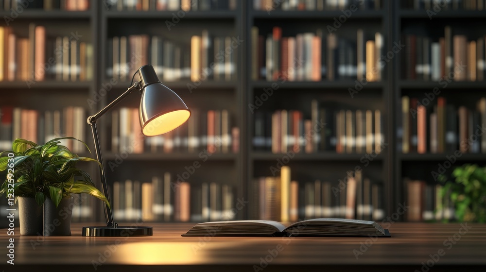 Serene Study Nook: Illuminated Book and Desk Lamp in a Library Setting Serene Study Nook: Illuminated Book and Desk Lamp in a Library Setting