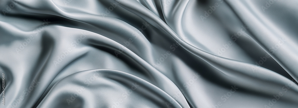 A close-up view of the surface texture of silver fabric, showcasing a smooth and slightly wavy appearance. The dark gray background enhances the details of the light blue material, bringing out its su A close-up view of the surface texture of silver fabric, showcasing a smooth and slightly wavy appearance. The dark gray background enhances the details of the light blue material, bringing out its su