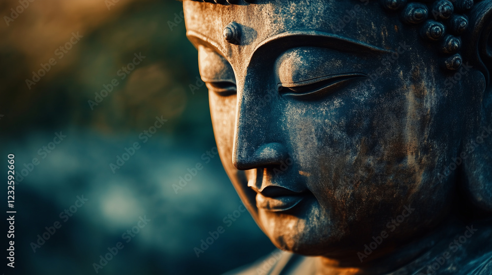 A close-up of BuddhaâÂÂs tranquil expression, with a soft breeze moving the folds of his robe slightly A close-up of BuddhaâÂÂs tranquil expression, with a soft breeze moving the folds of his robe slightly