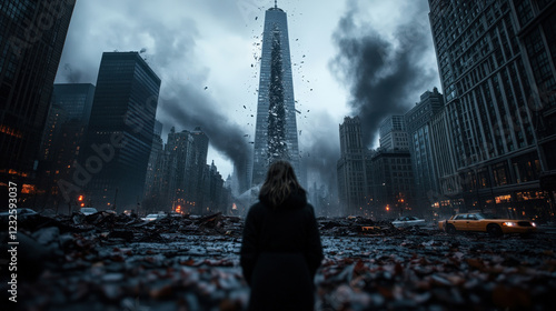 A haunting image of a woman standing amidst an apocalyptic cityscape, capturing the bleakness and destruction within a dramatic skyline filled with dust and chaos.