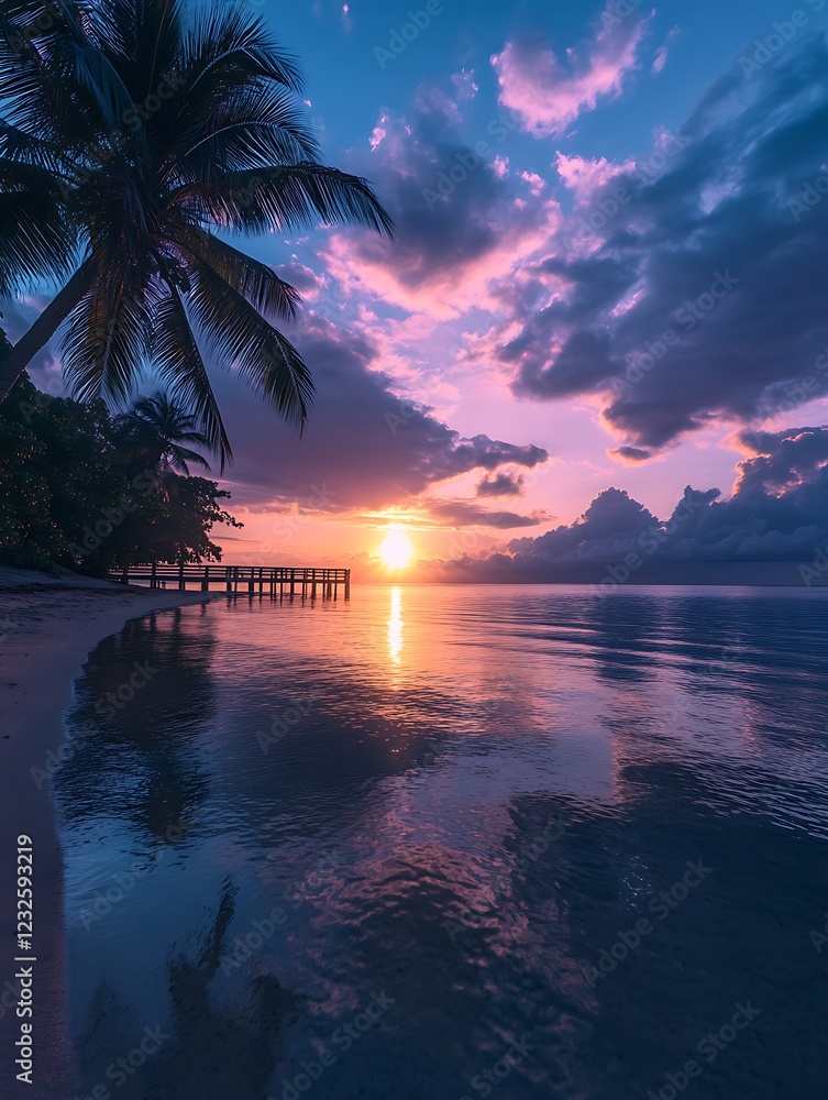 Tropical sunset reflecting on calm waters with palm trees and a pier in the background. Tropical sunset reflecting on calm waters with palm trees and a pier in the background.