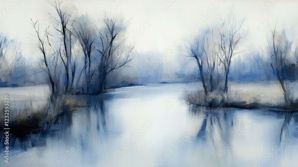 Serene Winter Landscape with Bare Trees and Calm Reflective Water Surface Serene Winter Landscape with Bare Trees and Calm Reflective Water Surface