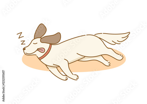 床で舌を垂らしていびきをかいて幸せそうに寝ている耳の垂れた犬のイラスト