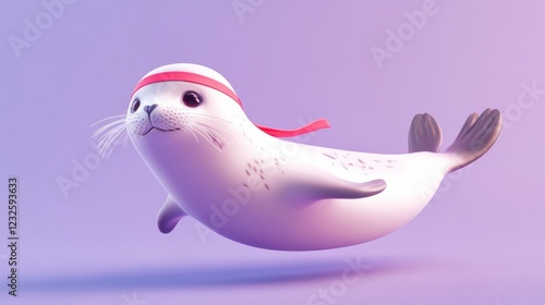 Cute cartoon seal swimming, purple background, children's book illustration