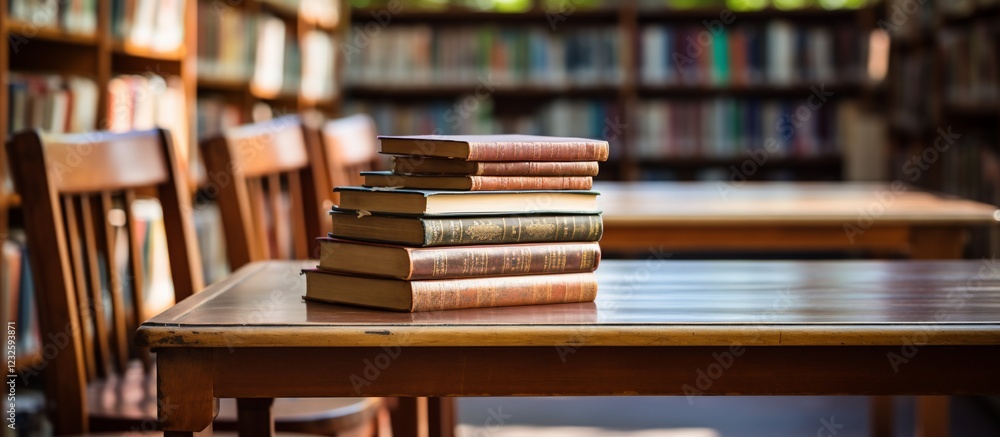 Obraz premium A stack of books on a wooden table in a quiet library filled with shelves of literature