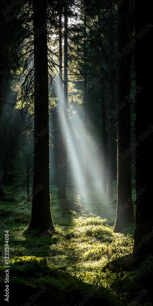 Obraz premium Sunbeams piercing through dense forest canopy, creating a magical atmosphere and highlighting the lush undergrowth