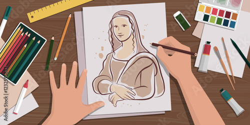 Artist drawing a famous painting