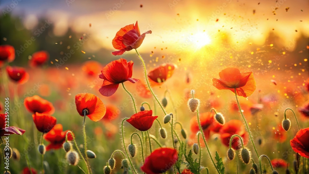 Obraz premium A lush poppy field sways gently in the warm sunlight