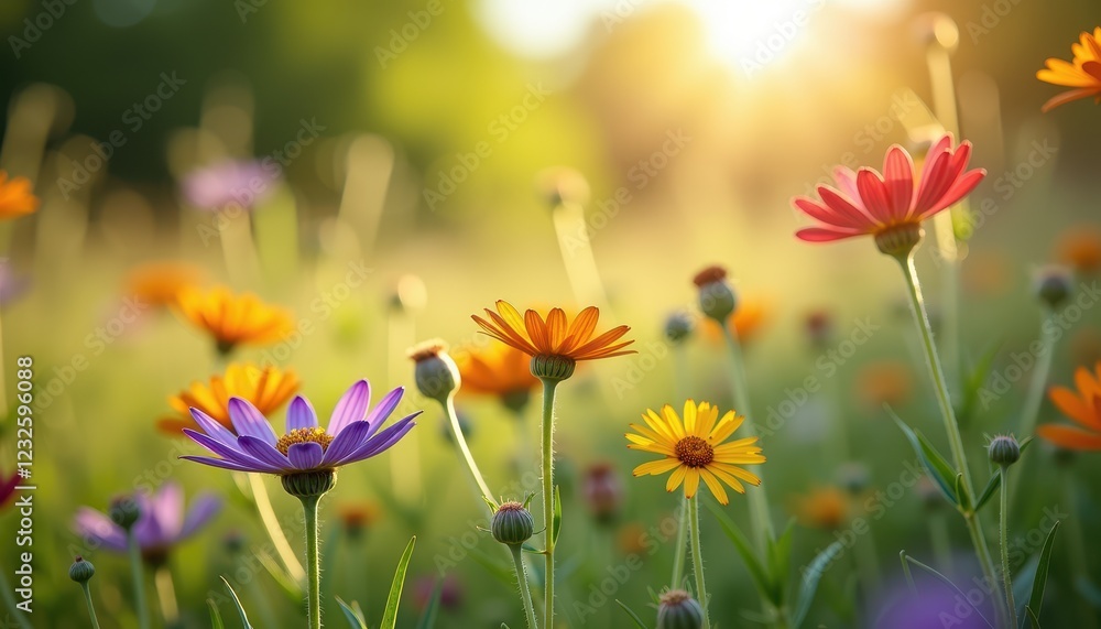 A vibrant field of blooming flowers in various colors, including purple, orange, and yellow, basking in warm sunlight. The scene captures the beauty of nature and the freshness of new blooms A vibrant field of blooming flowers in various colors, including purple, orange, and yellow, basking in warm sunlight. The scene captures the beauty of nature and the freshness of new blooms