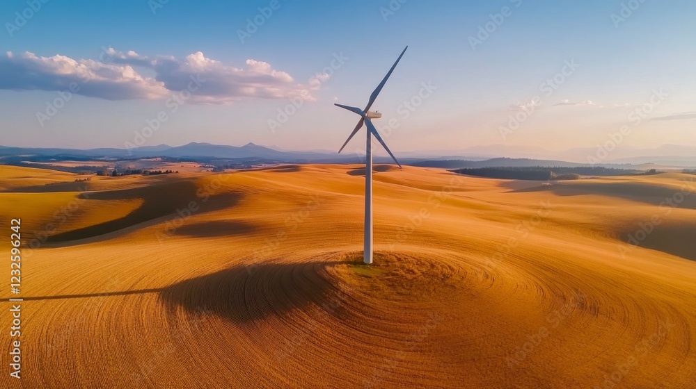 Obraz premium Farmland aerial photo capturing a lone windmill surrounded by golden wheat fields