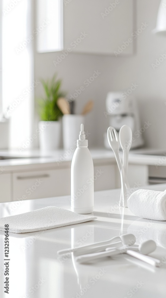 White kitchen utensils and condiments arranged on a clean counter with natural light highlighting the space. Generative AI White kitchen utensils and condiments arranged on a clean counter with natural light highlighting the space. Generative AI