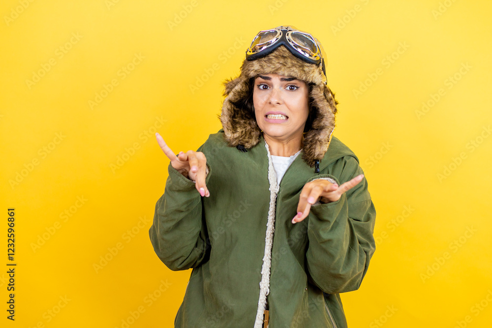Young aviator woman wearing pilot helmet with glasses and jacket over yellow background disgusted expression, displeased and fearful doing disgust face because aversion reaction. Annoying concept Young aviator woman wearing pilot helmet with glasses and jacket over yellow background disgusted expression, displeased and fearful doing disgust face because aversion reaction. Annoying concept