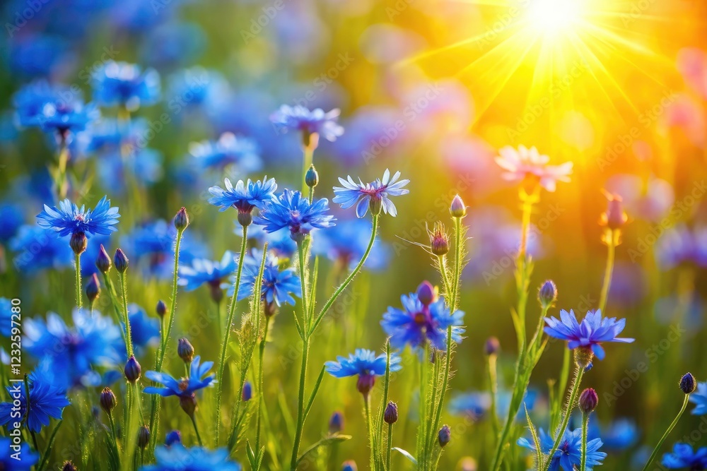 Fototapeta premium Spring's embrace: a sunny meadow bursts with blue wildflowers, a breathtaking scene.