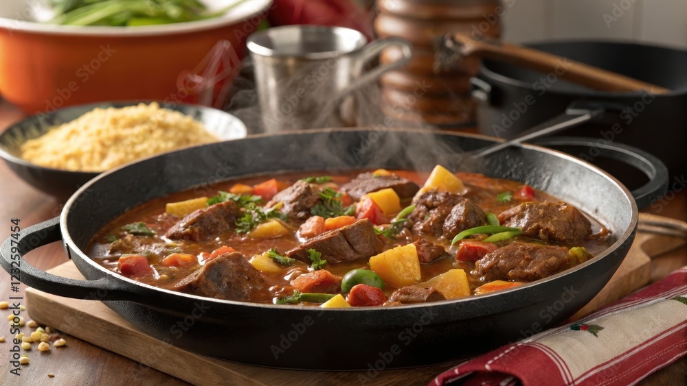 Steaming hot hearty beef stew with root vegetables and herbs in a rustic cast iron skillet Steaming hot hearty beef stew with root vegetables and herbs in a rustic cast iron skillet