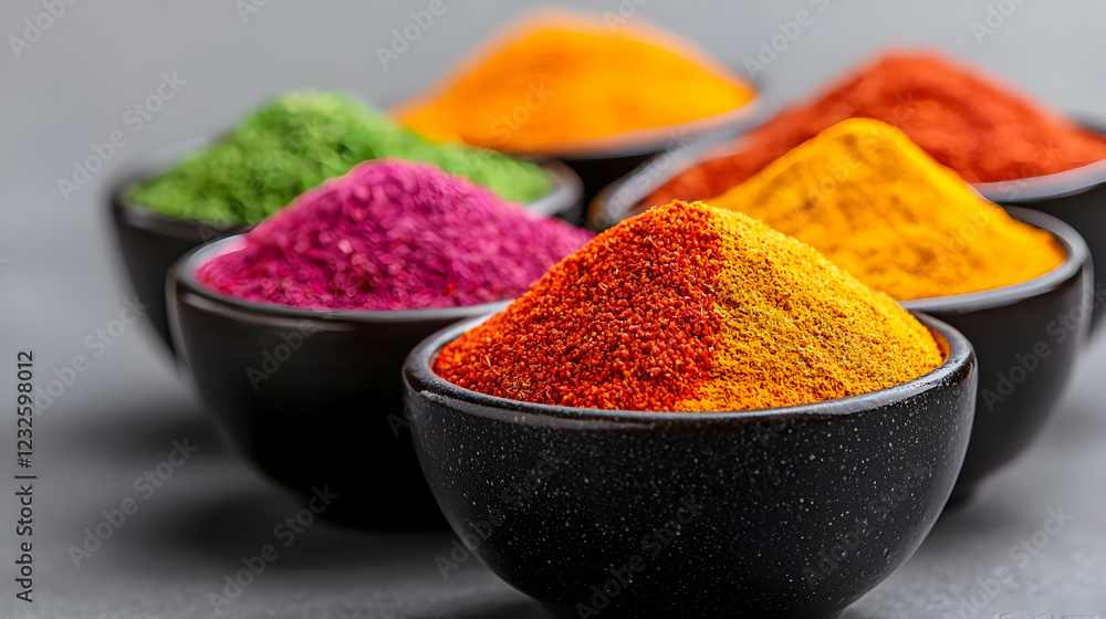 Colorful spice powders in bowls, kitchen table background, food photography, recipe ingredient Colorful spice powders in bowls, kitchen table background, food photography, recipe ingredient
