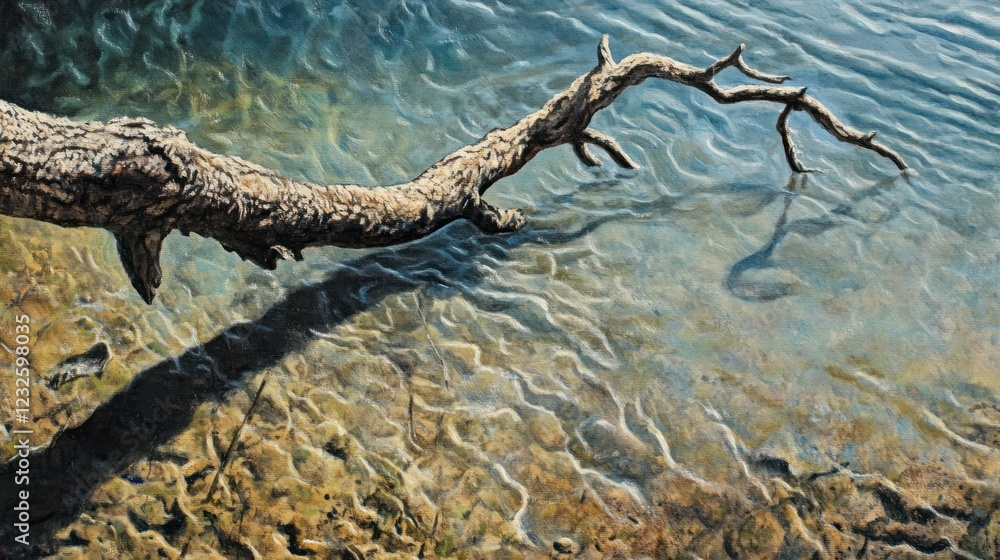 Fototapeta premium Sunlit lake, submerged log, shadow, ripples, serenity, nature, background, artwork, print